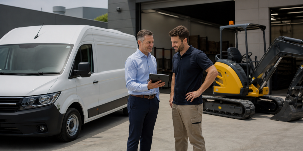 Australian business owner comparing asset finance beside work equipment