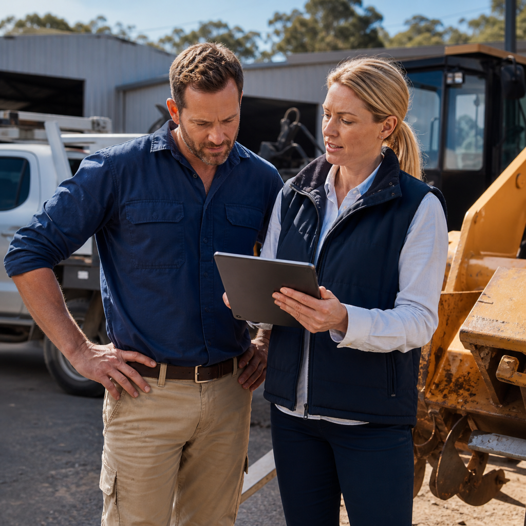 Asset finance discussion beside equipment at an Australian business