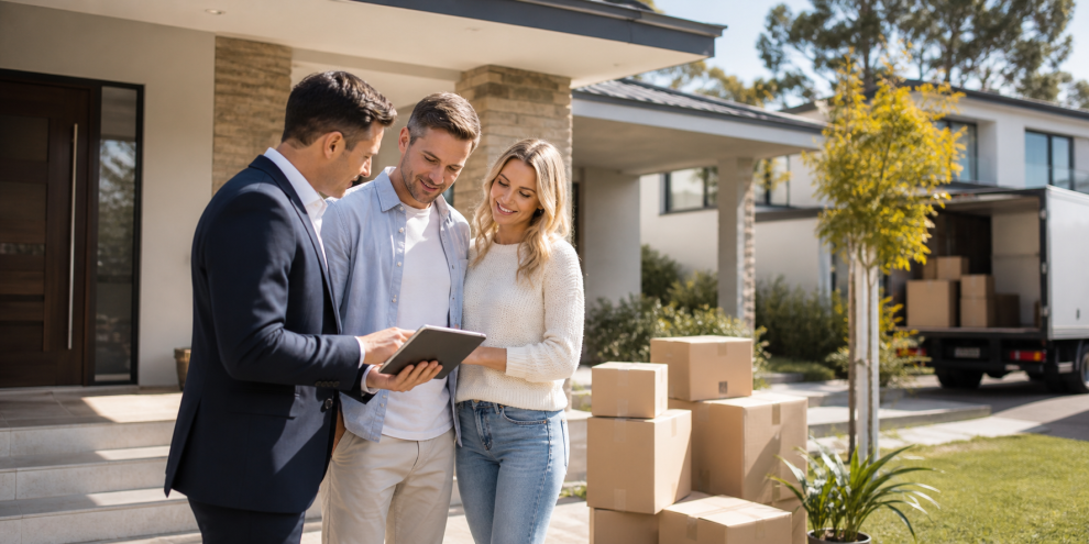 Australian couple reviewing bridging finance while moving house