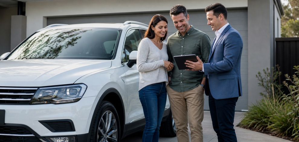 Australian couple comparing car loan options with a broker beside a car