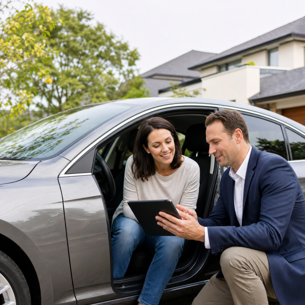 Car loan repayment discussion beside a family vehicle