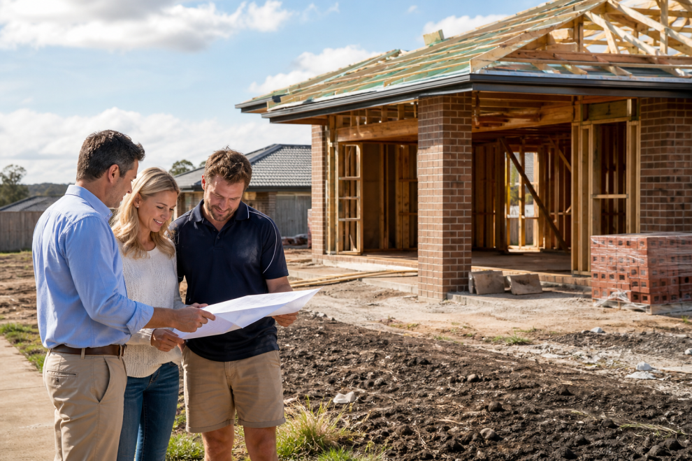 Australian couple reviewing plans at a residential construction site