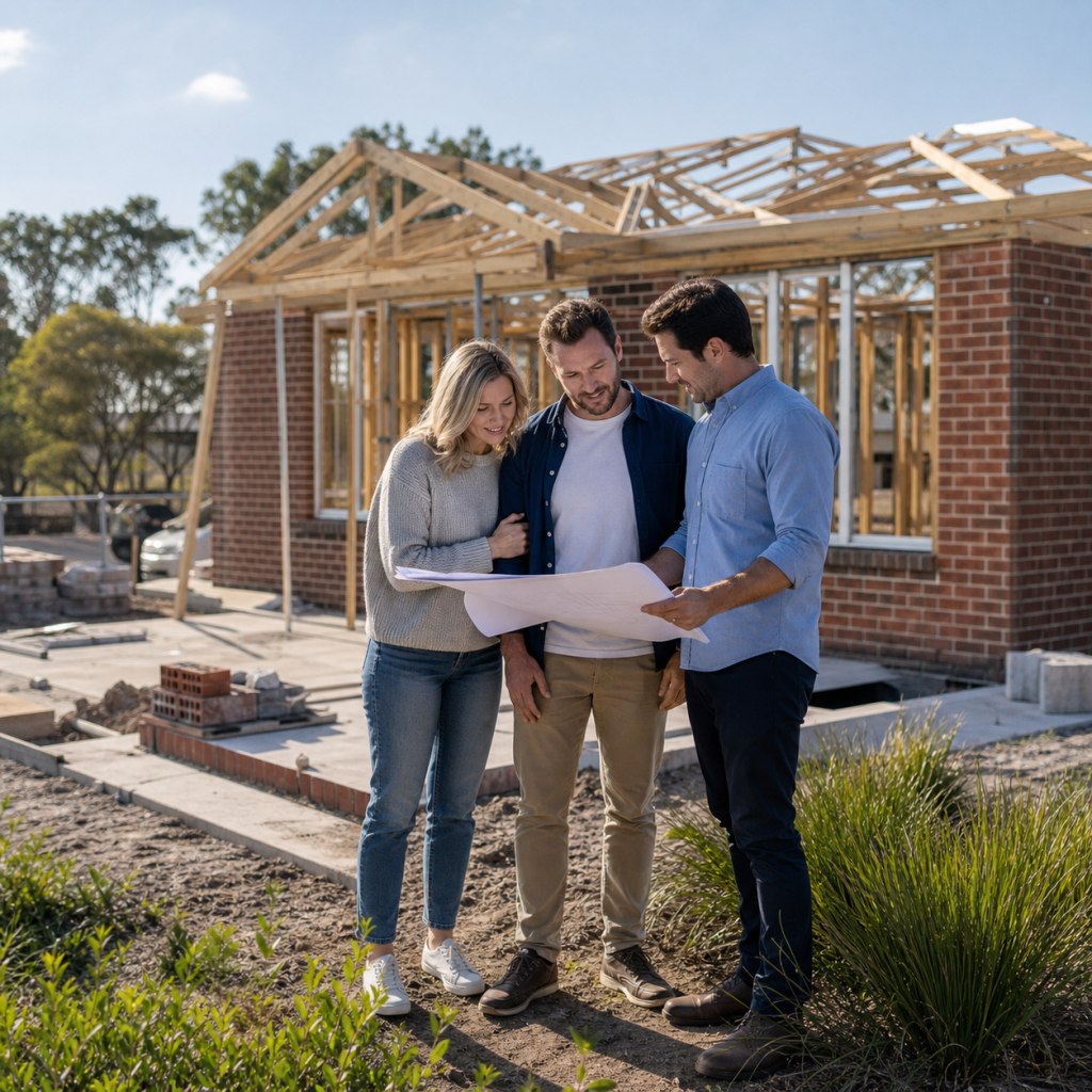 Mortgage broker discussing construction finance at a home build