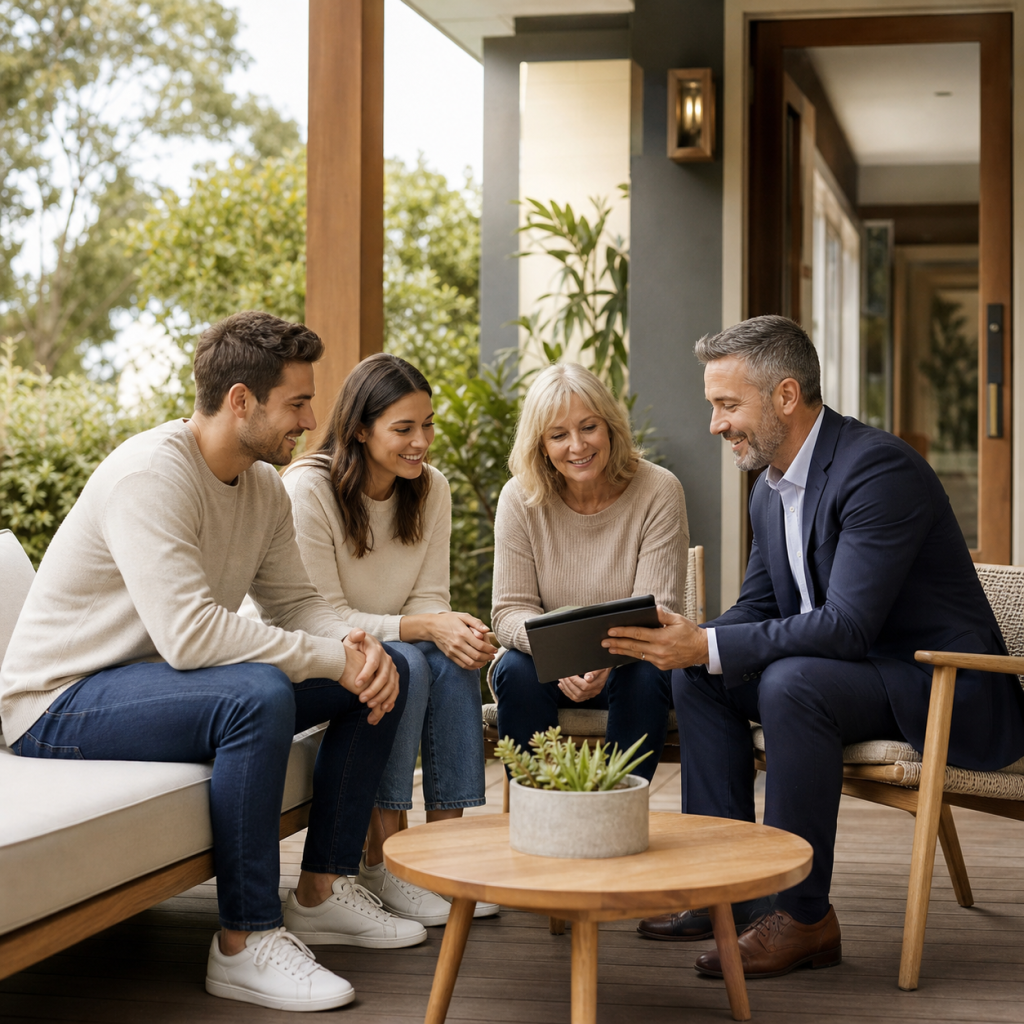 Mortgage broker explaining family guarantee options to buyers and a parent