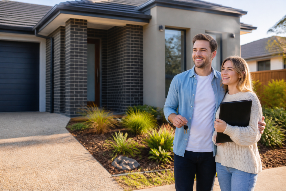 Australian couple outside a modest home discussing low deposit options