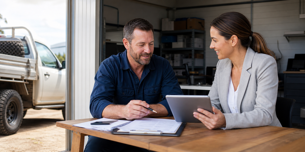 Australian business owner reviewing low doc lending options with a broker