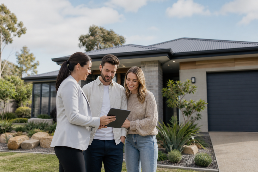 Australian couple reviewing a pre approval budget with a mortgage broker