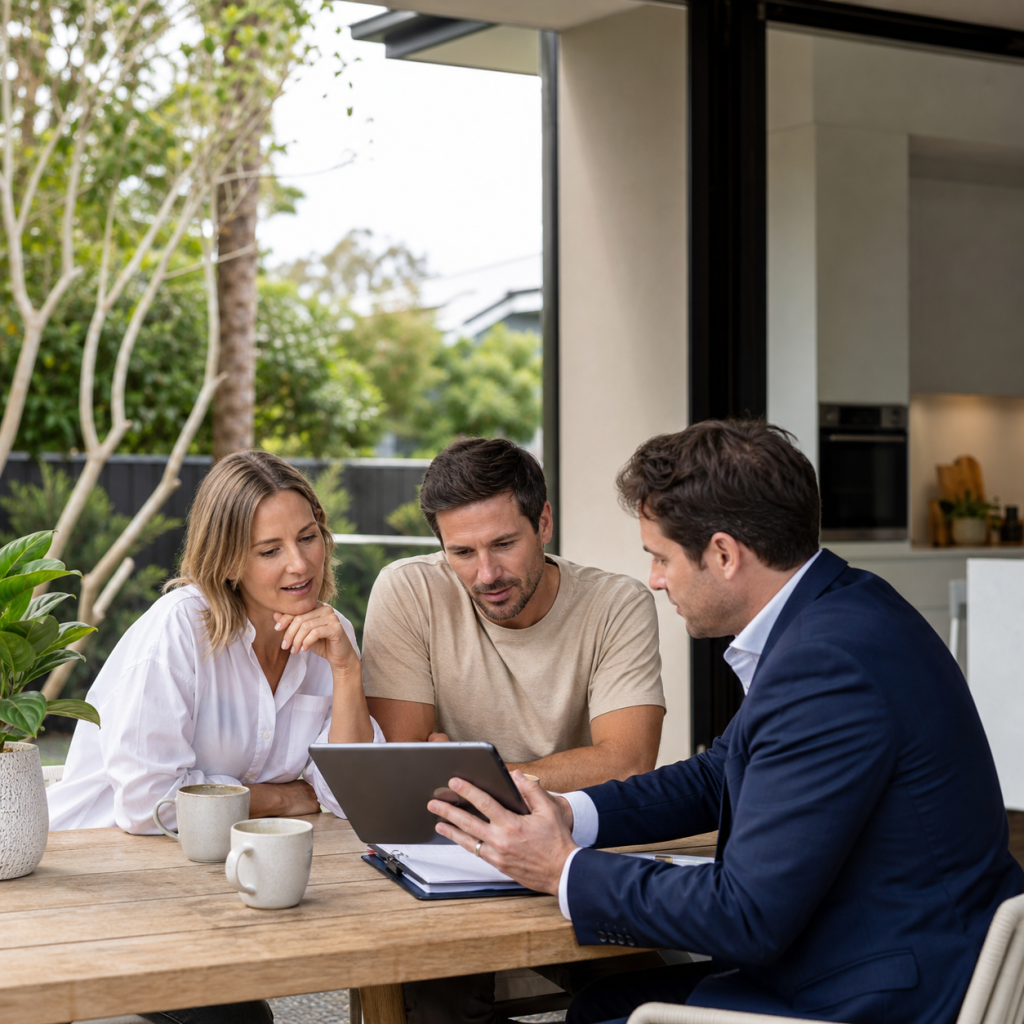 Mortgage broker comparing refinance numbers with Australian homeowners