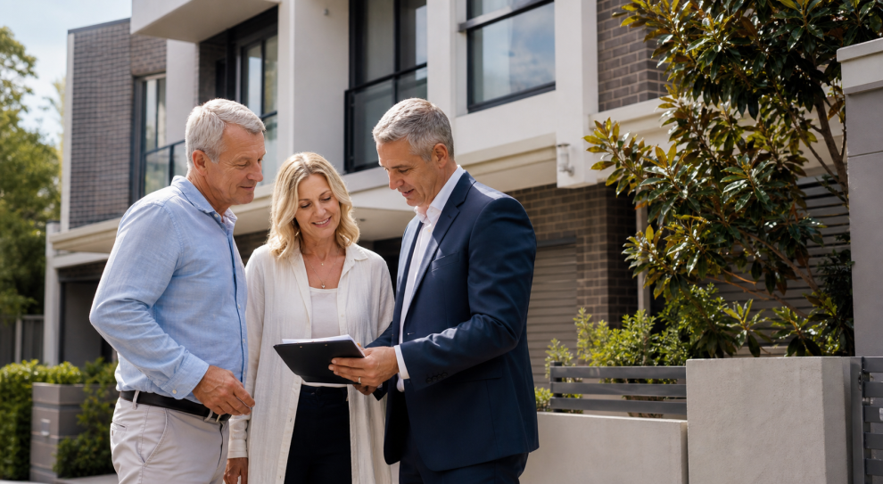 Australian couple reviewing SMSF property finance with a broker